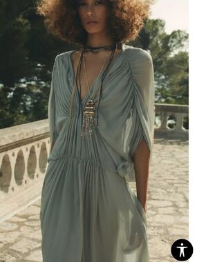 Zara Light Sage Green Draped V-Neck Women’s Dress